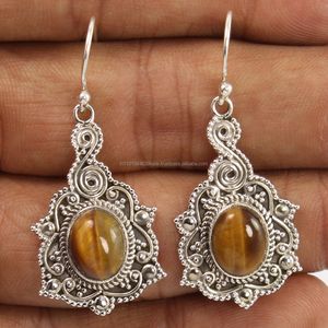 Pendientes Vintage de Plata de Ley 925 con gemas ovaladas, Ojo de Tigre Natural - Product Image 1