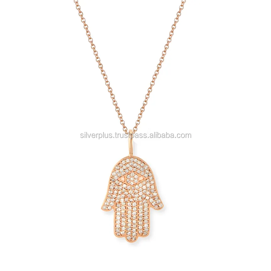 Solid 14K Rose Gold Genuine 0.74 Ct. SI Clarity G-H Color Pave Diamond Hamsa Hand Pendant Necklace Manufacturer Jewelry