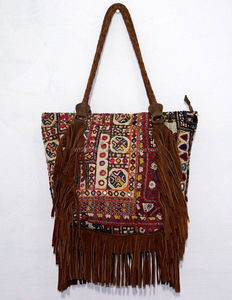 Banjara-Sac fourre-tout vintage style Hobo indien avec miroir à main brodé en toile coton Hippie pour femmes, sac à main avec poignée en cuir - Product Image 1