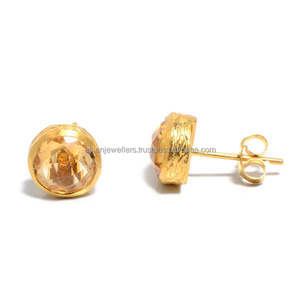 925 sterling silver <b>Citrine</b> quartz Gemstone <b>Earrings</b> gold vermeil hand hammered - Product Image 1