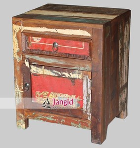 Reclaimed Vintage Bohemian Style Old Wooden Bedside <b>Storage</b> <b>Drawer</b> Table Cabinet Double Tier Standing Type for Living Room - Product Image 4