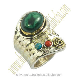 Éminent véritable bleu cuivre Turquoise corail multi-pierres précieuses éternité Vermeil bague bijoux en argent marteau anneaux pour cadeau de mariage - Product Image 3