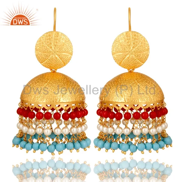 Unique Designer Fashionable Jhumkas Coral And Pearl Gemstone Traditional Earring Supplier of Ethnic Jewelry