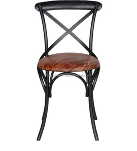 Silla de comedor con respaldo X de metal negro de hierro industrial y vintage moderna asiento de cuero genuino para el hogar, hotel o apartamento - Product Image 1
