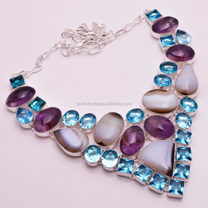 สร้อยคอพลอยเงินแท้ 925 เครื่องประดับเงินอเมทิสต์ธรรมชาติหลายอัญมณี ผู้จัดจําหน่ายเครื่องประดับอัญมณีโบราณ - Product Image 1