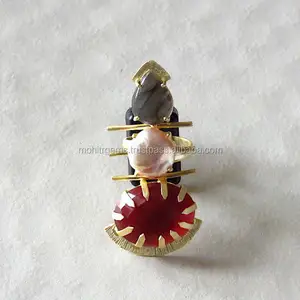 22 Ct Gold Plated Labradorite With Red Garnet Cu-ting Prone Setting Cocktail Ring