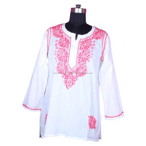 DR154 Indian Cotton Hand Chicken Embroidered Kurti <b>Women</b> Blouse <b>Tunic</b> Casual Shirt Ethnic <b>Dress</b> Lucknowi Kurti Western Party - Product Image 1