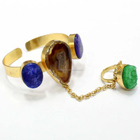 Bracelet manchette ajustable unisexe en alliage plaqué or 18 carats, style punk, avec micro-incrustation de billes d'agate, design manchette de mode