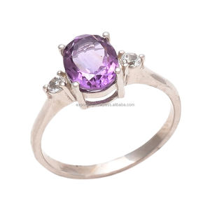 Anillo de compromiso y boda de plata de ley 925 con baño de rodio, estilo bohemio, con amatista, cuarzo y circonita, engaste de puntas, venta al por mayor - Product Image 1