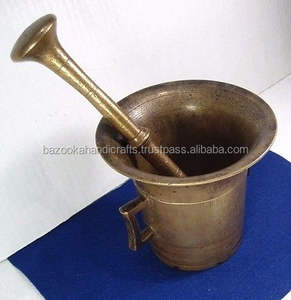 ครกและจานบดทองเหลืองโบราณ ด้ามจับทรงสี่เหลี่ยมคู่ - Product Image 1