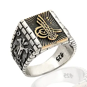 925 Sterling Silver Ottoman Tugra Kepala Ganda Elang Pria Cincin Asli Terlaris Pola Antik Warna Perak Cincin Perhiasan Pria