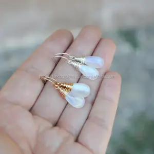 Moonstone Drop Gemstone Earrings - Simple Wire Wrapped Gem Stone Balanced Earwires