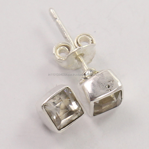 L-5mm 1/8 "carré coupe cristal naturel QUARTZ pierres précieuses 925 solide en argent sterling classique populaire boucles d'oreilles - Product Image 2