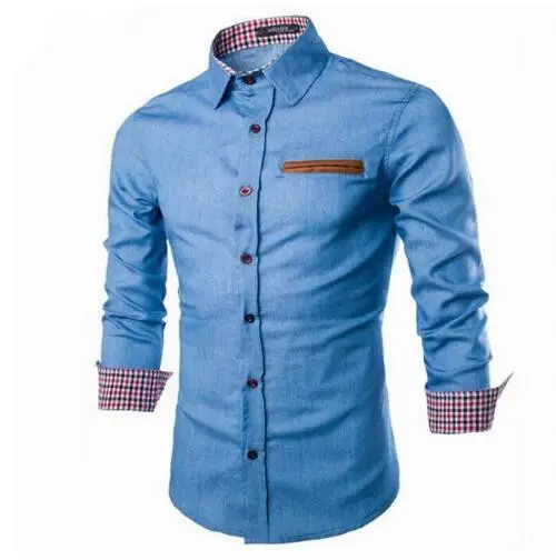 Camisa denim-nueva marca de los hombres Camisas manga larga-Collar de moda estilo Slim Fit oscuro Jeans camisa de los hombres