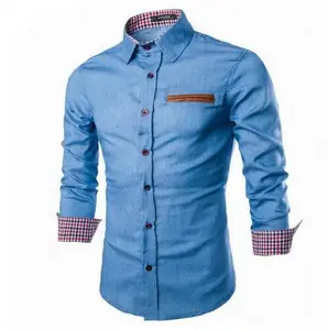 Denim Shirts-Nieuwe Merk Mannen Denim Shirts Lange Mouwen Turn-Down Kraag Fashion Slim Fit Stijl Dark jeans Mannen Shirt