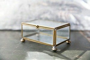 Glass Jewelry Box With Brass Frame And <b>Grid</b> Design For Storage - Product Image 6