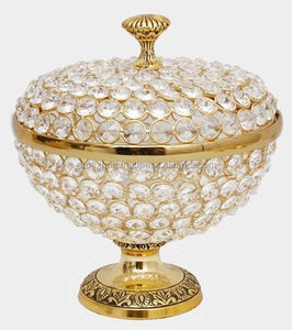 Brass Antique Gold Shining Metal With Lid Covered Design Fancy Best Quality <b>Crystals</b> Wedding Decoration Bowls - Product Image 1