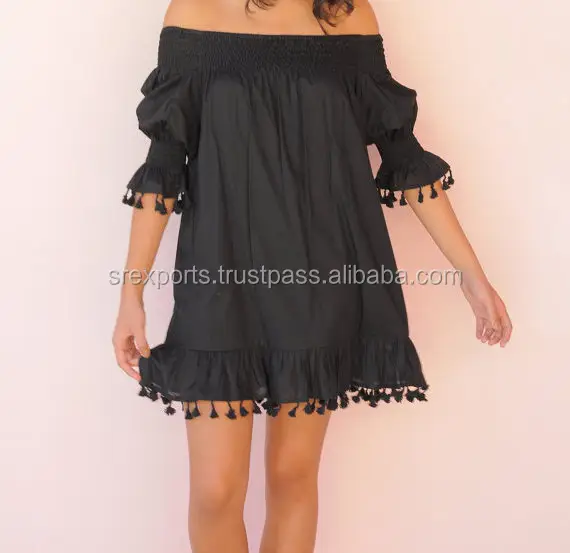 Sexy designer cotton women wear short dress off shoulder elastic pompom black short dress tunic top blouse