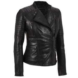 Chaqueta de manga larga de cuero genuino de motorista con estilo para mujer en negro Equipo de moda para exteriores para damas de talla grande - Product Image 2
