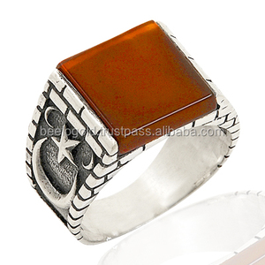 Bague en argent Sterling 925, lune, étoile, cornaline, bijou pour hommes, bébé musulman, promesse musulman, hammad, otom turc, déclaration - Product Image 1