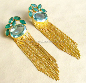 Topaze bleue pierres de Quartz colorées longue chaîne de gland boucles d'oreilles pour les fêtes mariages fiançailles - Product Image 1