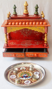 Templo de madera más exigente pintado a mano indio con 2 cajones para el hogar y la Oficina Pooja Mandir Blessing Ritual Best Holy Corner - Product Image 6