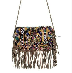 KAMARVY Banjara Traditional Embroidery Handmade Cotton Fabric Fringe Gyps Clutch Bags From Delhi - Product Image 2