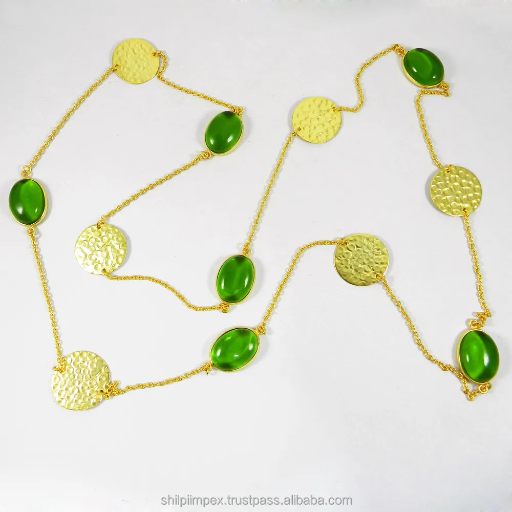 Peridot 925 Perak Murni 18K Kalung Rantai Panjang Berlapis Emas, Perhiasan Halus Artisan Buatan Tangan