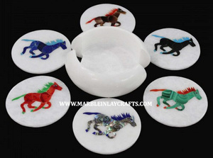 Marble Round Brass Work <b>Coaster</b> <b>Set</b> for Home Restaurants and Cafe for Buyers Very Best Designs Attractive White Marble <b>Coasters</b>. - Product Image 4