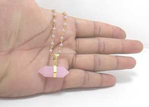 ชุดจี้ทรงดินสอคาลซิโดนีสีชมพูเคลือบทองวินเทจสำหรับทำเครื่องประดับชาวยิว - Product Image 4