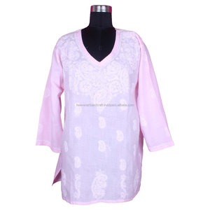 Top bordado de pollo a mano de algodón indio Kurti para mujer, Top bordado de manga larga Kurti, diseñador de ropa de fiesta occidental India Kurta - Product Image 1