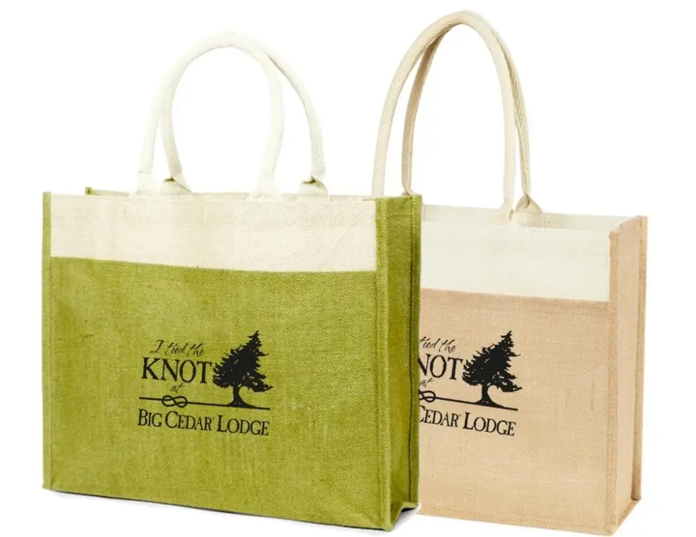 Eco-Friendly Two-Toned Jute Shopping Beach Bag - features a front pocket, cotton webbed handles and comes with your logo.