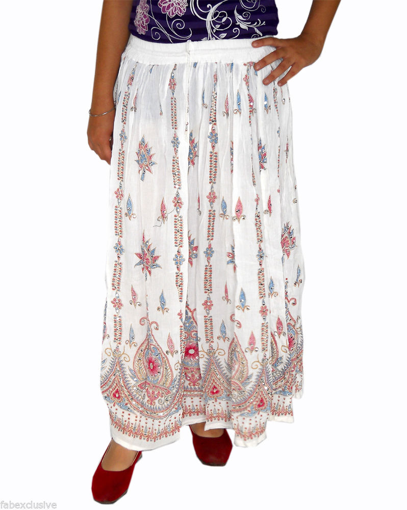 Embroidered Skirts Wrap Tribal Peasant Sequin Gypsy Indian手仕事Rayon Skirt Boho Hippie Casual Sequin Work Long女性White