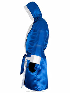 High Quality Blue White Trim Full-Length <b>Boxing</b> Robe with Hood Cotton and Satin Material for Training and MMA <b>Dummy</b> Type - Product Image 2