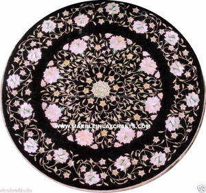 Plateau de table rond en marbre incrusté, plateaux de table en marbre noir incrusté - Product Image 1