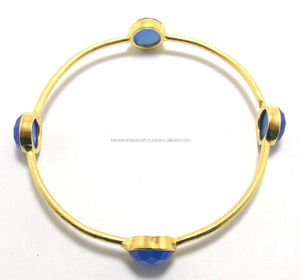 Bracelet en argent Sterling 925 de style classique calcédoine bleue pierre précieuse à la main mode plaqué or bracelet pour les fêtes de mariage - Product Image 1