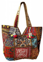 Tas Selempang Wanita Desainer Kerajinan Tangan Tradisional Etnik Bohemian Banjara Bordir Buatan Tangan Berpayet Terbuka Dua Tali Kanvas