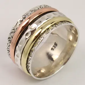 Bague en argent massif 925 pour femmes, Spinner trois tons, disponible en toutes tailles, 12mm, nouvelle collection Vente en gros