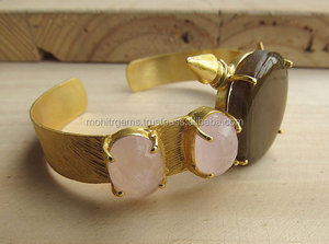 Brazalete con cristales de ágata marrón y rosa, brazalete con moneda de Metal tallada en oro y Bala/pulsera Druzy - Product Image 2