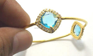 Cuarzo azul Piedra preciosa natural CZ Plata de ley Chapado en oro Boho Brazalete Pulsera Hecho a mano Joyería de piedra natal fina - Product Image 3