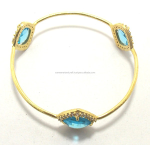Cuarzo azul Piedra preciosa natural CZ Plata de ley Chapado en oro Boho Brazalete Pulsera Hecho a mano Joyería de piedra natal fina - Product Image 1