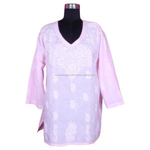 DR172 Chicken Work Kurti Pour Femmes Tunique Chemise en coton Chikankari Les femmes portent des broderies décontractées pour les fêtes top blouse lucknowi - Product Image 1