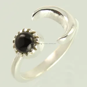 畅销书手工半月设计师圆形戒指尺寸天然黑色玛瑙宝石925纯银珠宝礼物