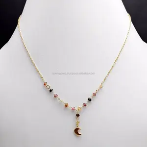 Schöne Mond und 925 Sterling Silber Rosenkranz kette Mit 14 Stück 3 mm facettierten runden Multi Turmalin Edelstein Perlen Halsketten