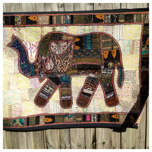 Tenture murale brodée de tapisserie de coureur d'éléphant de patchwork indien - Product Image 2