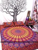 Ensemble de lit indien fait à la main Boho Mandala Hippie housse de couette drap de lit + 2 taies d'oreiller assorties tapisserie en coton couvre-lit ethnique