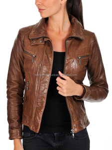 Veste en cuir de mouton véritable marron pour femme avec col en fourrure chaud hiver vêtements d'extérieur élégants manteau à la mode fabriqué au Pakistan - Product Image 2