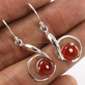 Nouvelles boucles d'oreilles tendance en argent sterling 925 massif, forme ronde, sertissage à griffes, pierres précieuses cabochon en cornaline naturelle - Product Image 1