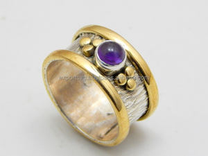 แหวนพลอยสีม่วงธรรมชาติแบบทูโทนสีเงินสเตอลิง925โบฮีเมียนเครื่องประดับงานแฮนด์เมดชั้นดีสำหรับงานแต่งงาน - Product Image 2