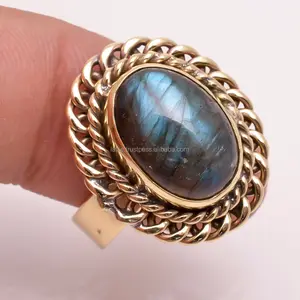 Natural blue fire labradorite gemstone real brass flash gold plated rings handmade jewelry manufacturer and suppliers
